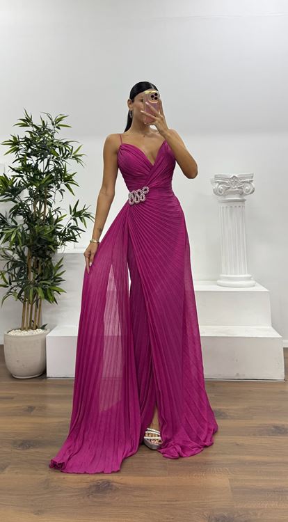 Fuşya İp Askılı Bel Detay Abiye Elbise