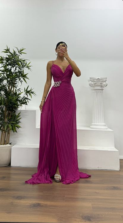 Fuşya İp Askılı Bel Detay Abiye Elbise