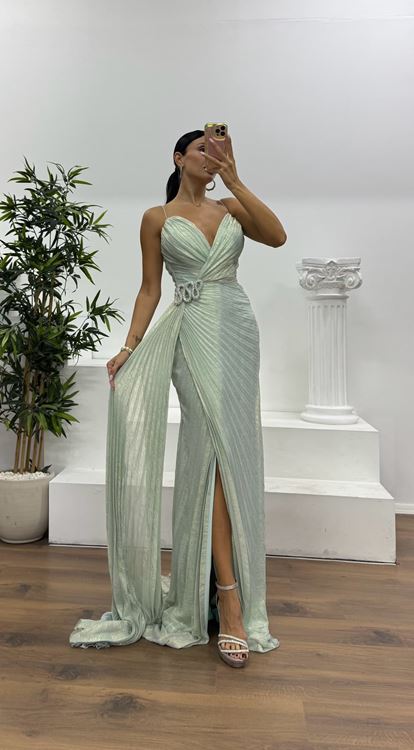 Mint İp Askılı Bel Detay Abiye Elbise