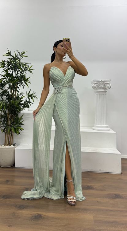 Mint İp Askılı Bel Detay Abiye Elbise