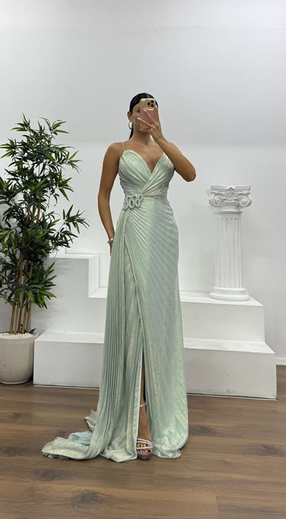 Mint İp Askılı Bel Detay Abiye Elbise