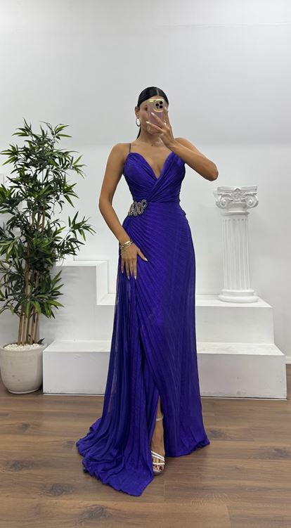 Mor İp Askılı Bel Detay Abiye Elbise