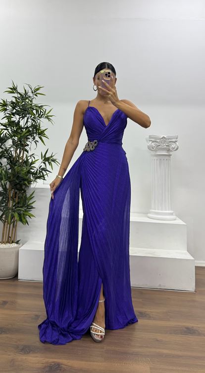 Mor İp Askılı Bel Detay Abiye Elbise