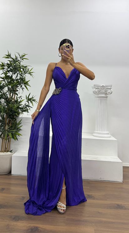 Mor İp Askılı Bel Detay Abiye Elbise