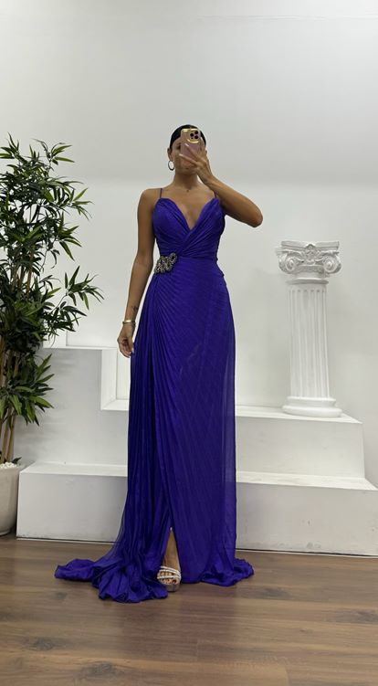 Mor İp Askılı Bel Detay Abiye Elbise