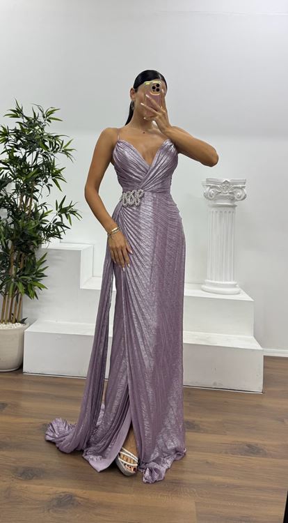 Lila İp Askılı Bel Detay Abiye Elbise