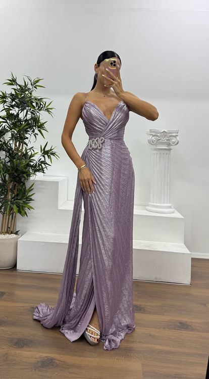 Lila İp Askılı Bel Detay Abiye Elbise