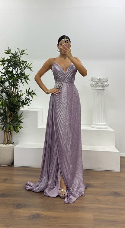 Lila İp Askılı Bel Detay Abiye Elbise