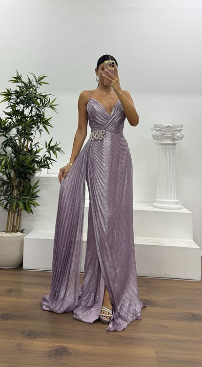 Lila İp Askılı Bel Detay Abiye Elbise