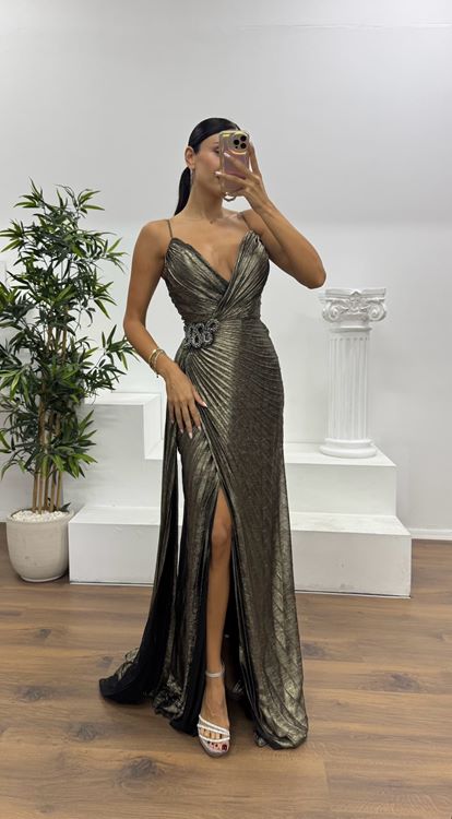 Siyah-Gold İp Askılı Bel Detay Abiye Elbise