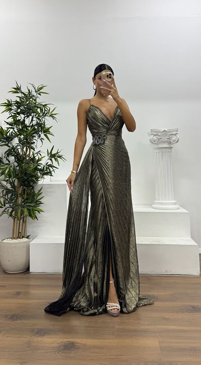 Siyah-Gold İp Askılı Bel Detay Abiye Elbise