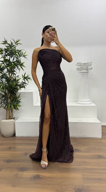 Kahverengi Straplez Bel Transparan Dantel Abiye Elbise