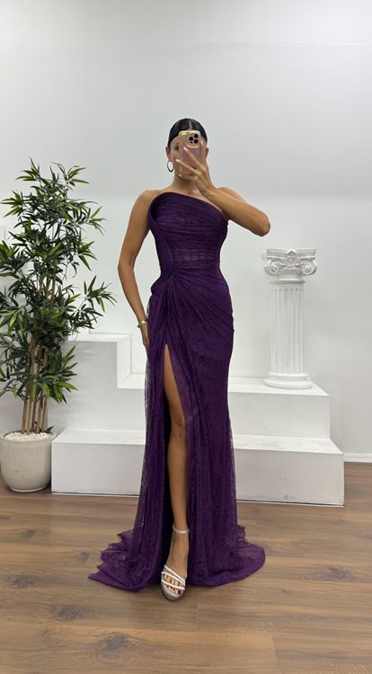 Mor Straplez Bel Transparan Dantel Abiye Elbise