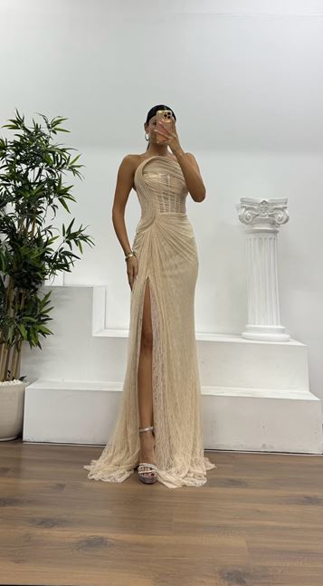 Beige Strapless Waist Transparent Lace Evening Dress