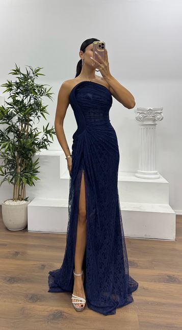 Lacivert Straplez Bel Transparan Dantel Abiye Elbise