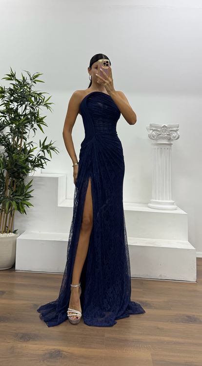 Lacivert Straplez Bel Transparan Dantel Abiye Elbise