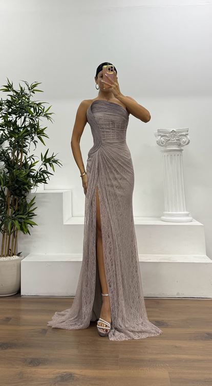 Vizon Straplez Bel Transparan Dantel Abiye Elbise