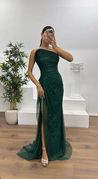 Zümrüt Straplez Bel Transparan Dantel Abiye Elbise