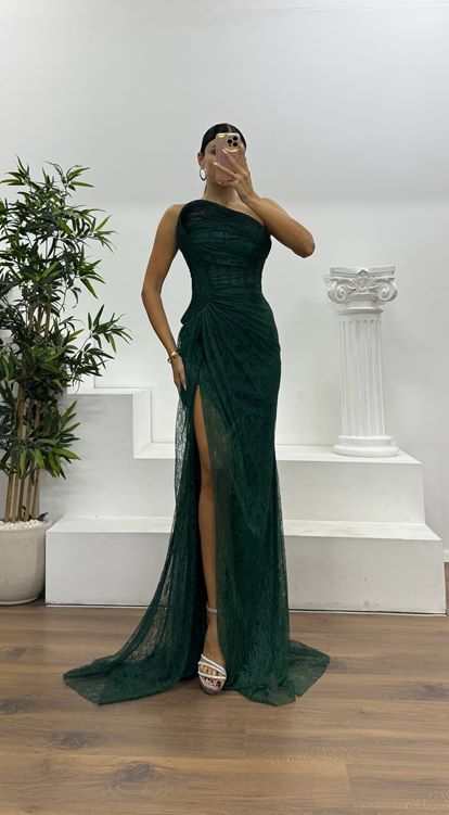 Zümrüt Straplez Bel Transparan Dantel Abiye Elbise