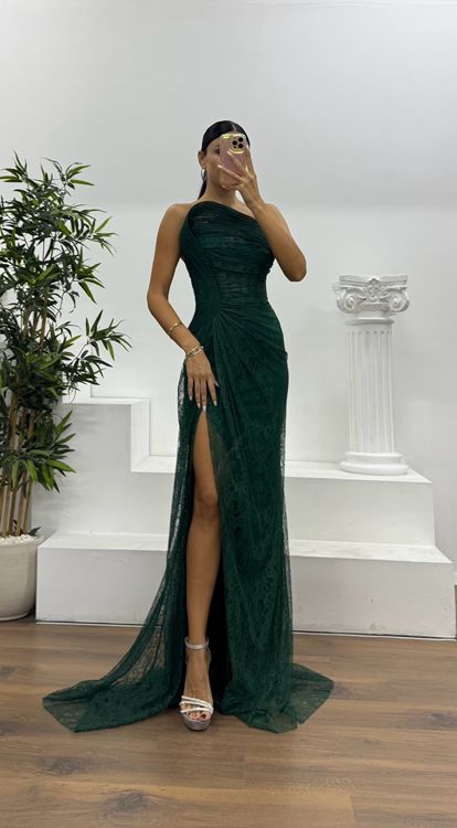 Zümrüt Straplez Bel Transparan Dantel Abiye Elbise