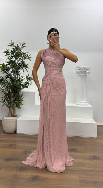 Pudra Straplez Bel Transparan Dantel Abiye Elbise