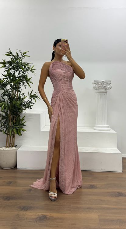 Pudra Straplez Bel Transparan Dantel Abiye Elbise