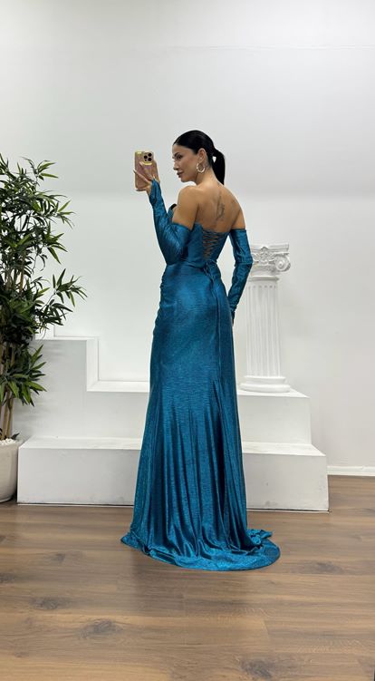 Petrol Straplez Eldivenli Abiye Elbise