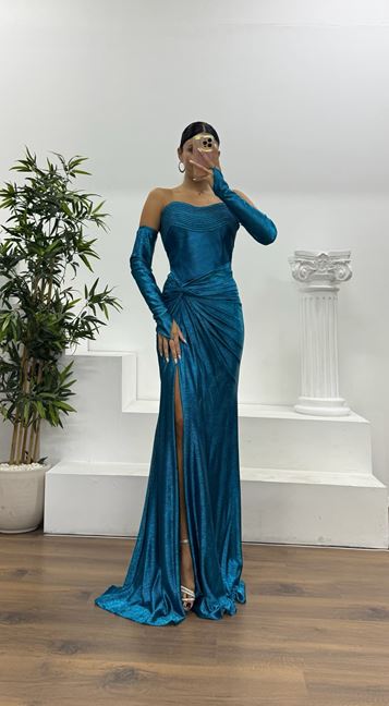 Petrol Straplez Eldivenli Abiye Elbise