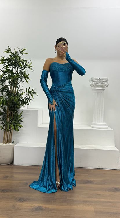 Petrol Straplez Eldivenli Abiye Elbise