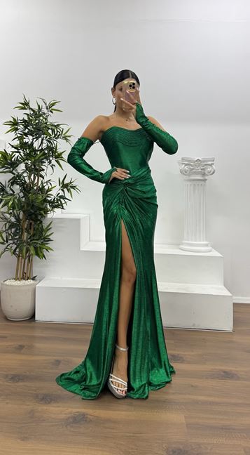 Zümrüt Straplez Eldivenli Abiye Elbise