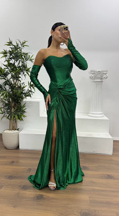 Zümrüt Straplez Eldivenli Abiye Elbise