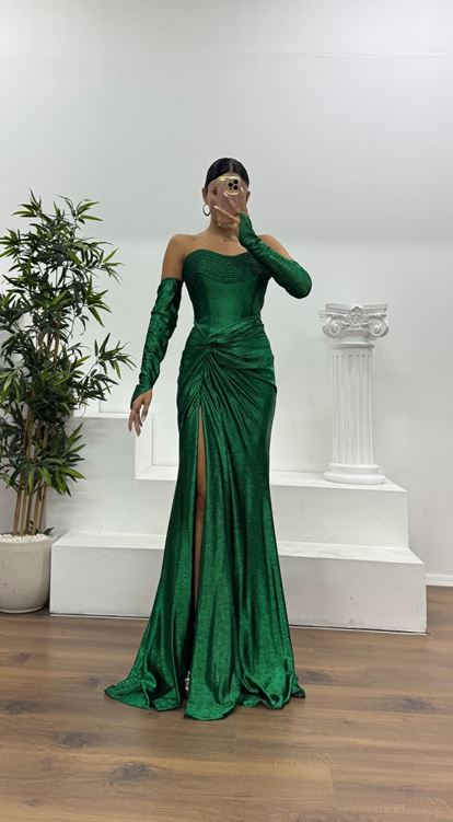 Zümrüt Straplez Eldivenli Abiye Elbise