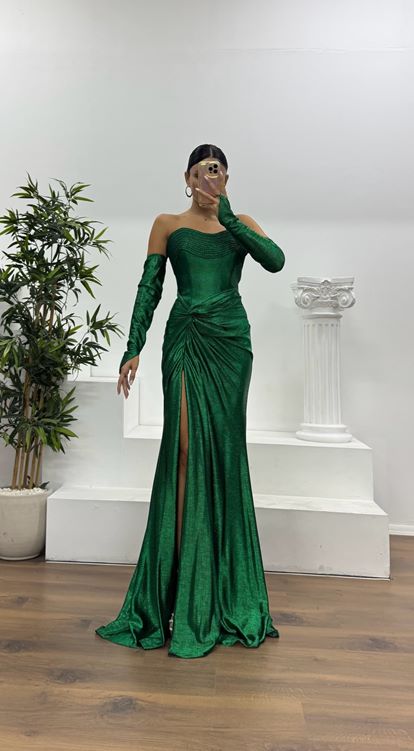 Zümrüt Straplez Eldivenli Abiye Elbise