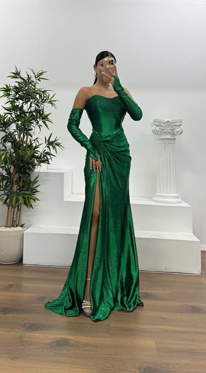 Zümrüt Straplez Eldivenli Abiye Elbise