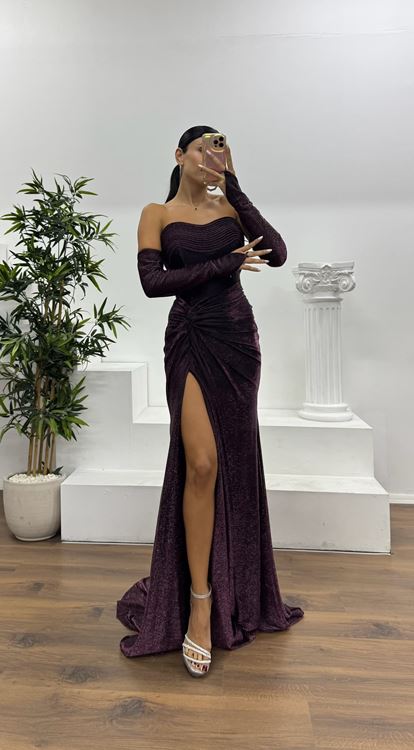 Mürdüm Straplez Eldivenli Abiye Elbise