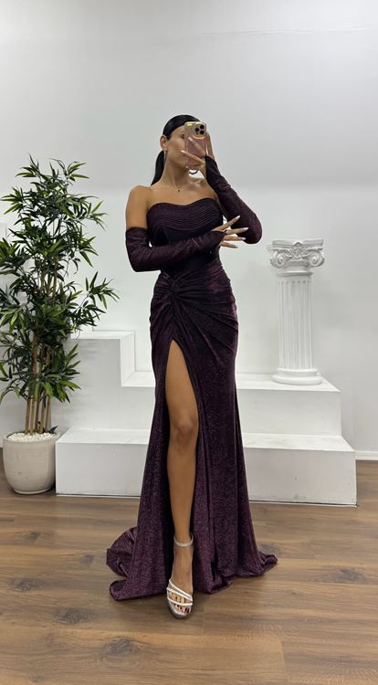 Mürdüm Straplez Eldivenli Abiye Elbise