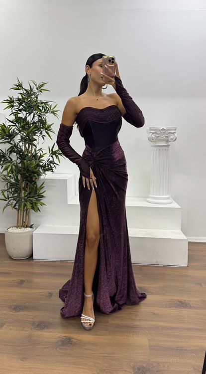 Mürdüm Straplez Eldivenli Abiye Elbise