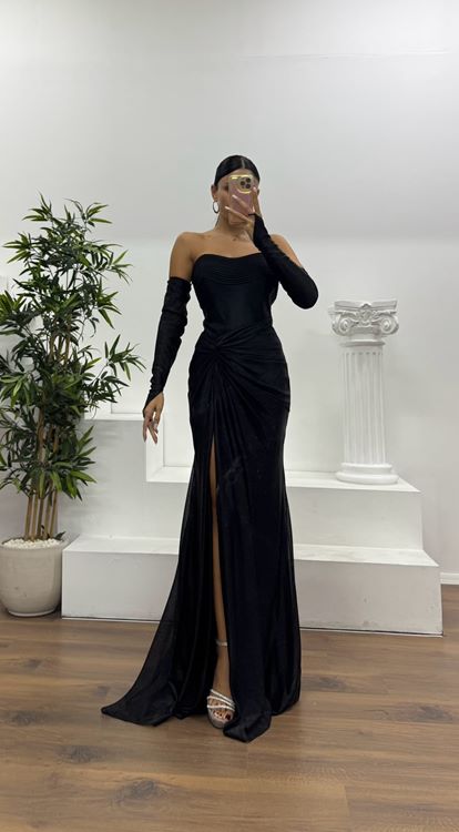 Siyah Straplez Eldivenli Abiye Elbise