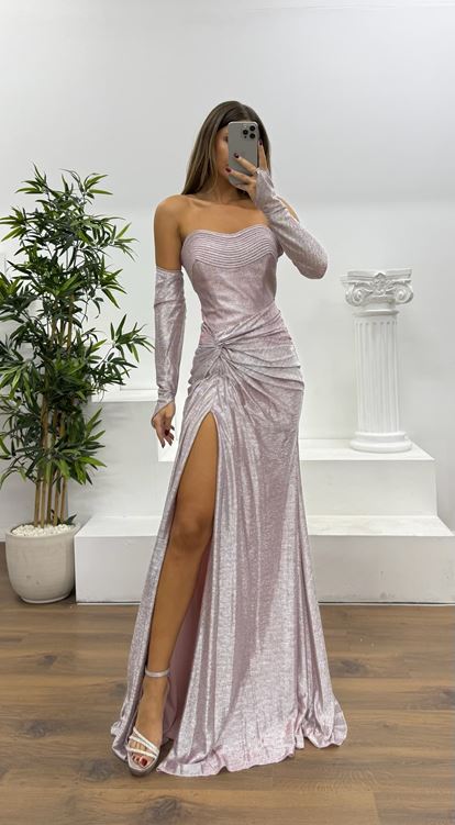 Pudra Straplez Eldivenli Abiye Elbise