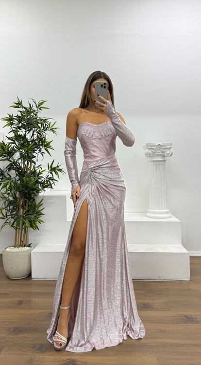 Pudra Straplez Eldivenli Abiye Elbise