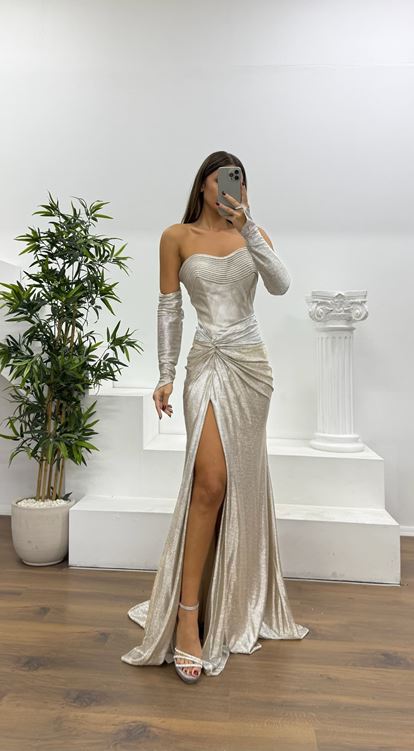 Vizon Straplez Eldivenli Abiye Elbise