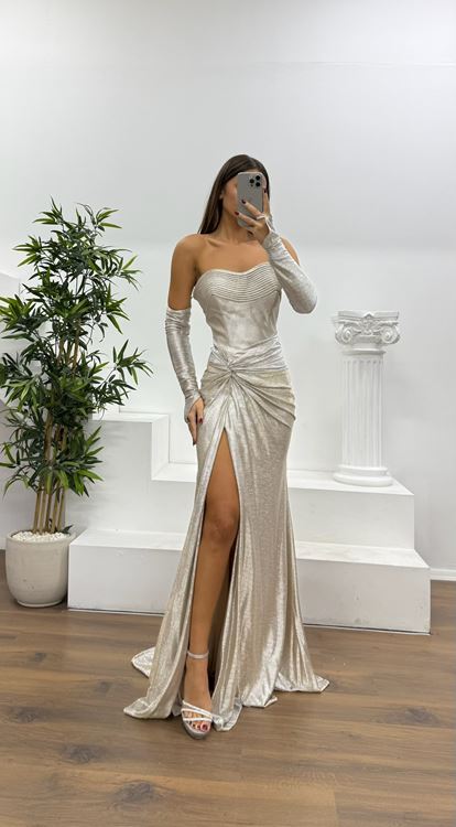 Vizon Straplez Eldivenli Abiye Elbise