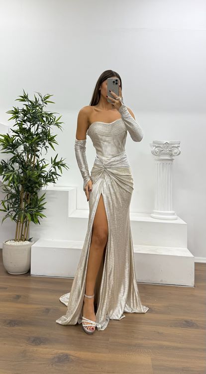 Vizon Straplez Eldivenli Abiye Elbise