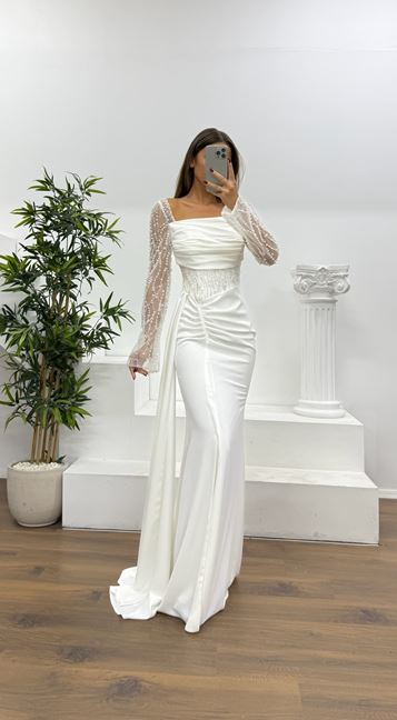 Beyaz Bel Detay Abiye Elbise