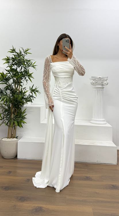 Beyaz Bel Detay Abiye Elbise