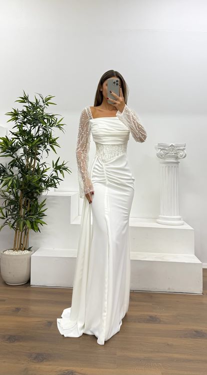 Beyaz Bel Detay Abiye Elbise