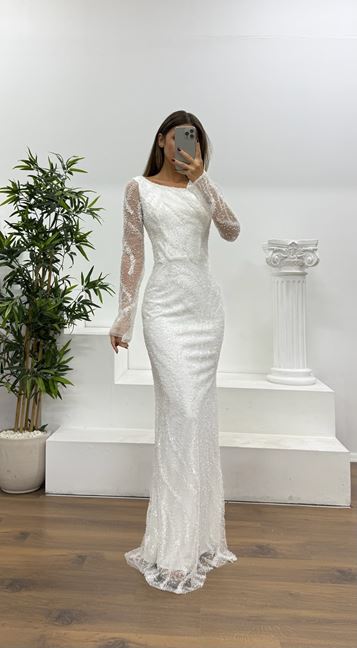 White Asymmetrical Collar Embroidered Evening Dress
