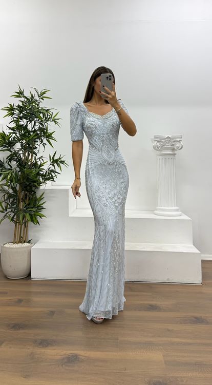 Mavi Kısa Kollu Özel El İşlemesi Abiye Elbise