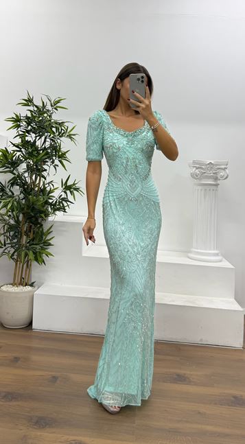 Mint Kısa Kollu Özel El İşlemesi Abiye Elbise