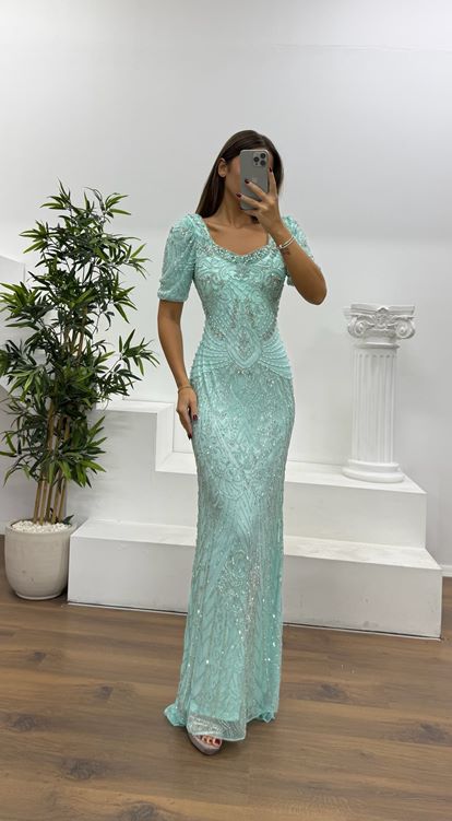 Mint Kısa Kollu Özel El İşlemesi Abiye Elbise